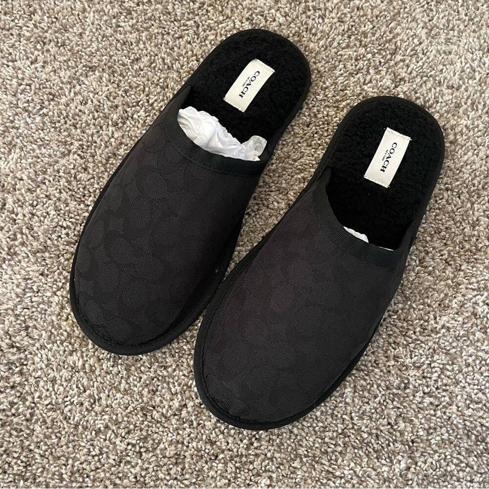 New Mens Coach Black Signature Canvas Slippers